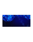 Mouse pad featuring Neon Cascade design, 28x12 inches, with electric blue lines and glowing dots for a serene, futuristic atmosphere.