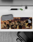 32x12 inches mouse pad with Eren, Mikasa, Armin, and the Survey Corps, featuring a high-intensity war scene and golden skies for an action-packed design.