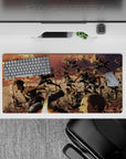 32x16 inches mouse pad with Eren, Mikasa, and Armin in a golden sky war scene, capturing the fearless warriors of the Survey Corps.