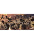 Mouse pad featuring Eren, Mikasa, Armin, and the Survey Corps, 36x16 inches, with golden skies and a high-intensity war scene for AoT fans.