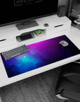 Star-speckled nebula scene desk pad 36x16 inches, soft cloud-like swirls across a mini universe.