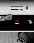 Dark black anime desk pad with red cap and white handle, moody minimal style, 36x16 inches.