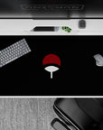 Dark minimalist anime desk pad 40x20 inches, deep black with red cap and white handle.