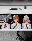 36x16 inches mouse pad with Makima, Reze, and Power, featuring intense expressions and fiery backdrop for a bold, high-energy design.