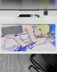 32x16 inches anime girl mouse pad in dreamy blues and violets, calming cozy vibe with golden-eyed heroine.
