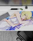 40x20 inches anime desk pad in soft blue and violet accents, calm cozy flirty vibe for gaming setup.