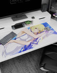 40x20 inches desk pad showing blonde anime girl hugging a pillow on crisp sheets, gold eyes glowing.