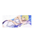 Anime girl mouse pad 28x12 inches with blonde lounge pose on white sheets, clean linework and gradients.