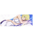 32x12 inches anime girl mouse pad with blonde girl on white sheets, clean linework and soft waves.