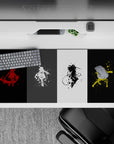 36x16 inches anime desk pad in red, white, black, and electric yellow with gritty paint splatter mood.