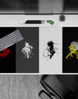 40x20 inches anime desk pad in red, white, black, and electric yellow, gritty battle vibe yet calming.