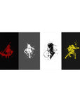 36x16 inches anime desk pad with four warrior silhouettes in bold splash ink, cloaks and blades mid-swing.