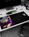 Akeno Himejima anime desk pad 40x20 inches, serene with violet eyes, sword, floral shadows, for High School DxD fans.