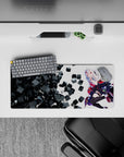 28x12 inches anime desk mouse pad in snowy white, matte black, and hot red with a teasing sci-fi vibe.
