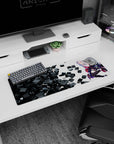 32x12 inches extended mouse pad showing a sideways lounging horned anime girl in glossy boots beside spinning cubes.