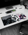 Anime girl lounging sideways mouse pad 32x16 inches, hand-to-lips tease, glossy boots and thigh highs.