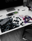 Horned white-haired anime girl desk pad 40x20 inches, lounging sideways with glossy boots and thigh highs.