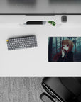 Moody blue-gray forest anime mouse pad 14x10 inches with cool shadows and warm auburn hair pop.