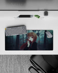 Moody blue-gray forest anime girl mouse pad 28x12 inches with warm auburn hair and crimson accents.