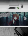 36x16 inches anime desk pad in cool blue-gray shadows with warm auburn highlights, moody night vibe.