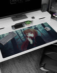 Fox-eared anime girl nibbling a red apple in misty woods desk pad 40x20 inches, sly crimson-eyed look.