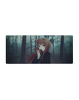 Anime girl mouse pad 28x12 inches with fox-eared heroine, auburn hair, red eyes, forest backdrop.