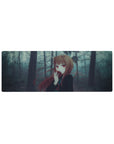 32x12 inches anime girl mouse pad with fox-eared girl, auburn hair, crimson eyes, and forest backdrop.