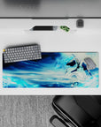 Frozen strength 32x12 mouse pad with Tōshirō Hitsugaya and Hyōrinmaru, featuring icy winds and crisp blues for a true warrior's desk vibe