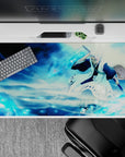 Frozen strength 40x20 desk pad with Tōshirō Hitsugaya wielding Hyōrinmaru, surrounded by icy winds and crisp blues, perfect for fans of Bleach's cold precision