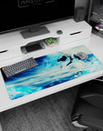 Icy strength 36x16 anime desk mat with Tōshirō Hitsugaya and Hyōrinmaru in a frozen battle, capturing his cold precision and warrior spirit