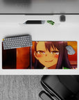 32x12 inches anime girl mouse pad in sunset orange and deep violet tones, cozy after-school vibe, crisp artwork.