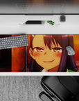 36x16 inches anime desk pad in sunset orange and deep violet tones, cozy after-school vibe, vibrant print.