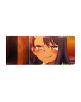 Anime girl mouse pad 28x12 inches with a teasing grin, half-lidded eyes, and cozy after-school vibe.