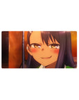 Anime girl mouse pad 32x16 inches with teasing grin, half-lidded eyes, and smooth glide print.