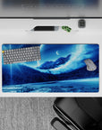 Serene 32x16 mouse pad with icy mountains, distant planets, and a cosmic sky, creating a tranquil and mysterious desk atmosphere