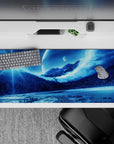Mystical 36x16 desk pad with icy mountains, distant planets, and a cosmic sky for a calming and imaginative workspace atmosphere