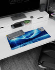 Serene 28x12 mouse pad featuring a frozen dreamscape with icy mountains, distant planets, and a cosmic sky for a tranquil workspace