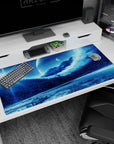 Serene 40x20 anime desk mat with a frozen dreamscape, icy mountains, and distant planets for a calming and otherworldly workspace vibe