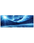 Frozen dreamscape 32x12 mouse pad with icy mountains, distant planets, and a cosmic sky, perfect for creating a calming yet imaginative workspace
