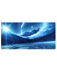 Frozen dreamscape 32x16 mouse pad featuring icy mountains, distant planets, and a cosmic sky, ideal for a calming, imaginative workspace
