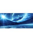 Frozen dreamscape 36x16 desk pad featuring icy mountains, distant planets, and a cosmic sky, perfect for adding mystery and serenity to your desk