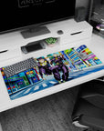 Artistic 36x16 inches desk pad with Josuke and Okuyasu from JoJo’s Bizarre Adventure, showcasing the dynamic streets of Morioh in bold, thrilling colors.