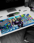 Large 40x20 inches desk pad featuring Josuke and Okuyasu from JoJo’s Bizarre Adventure, racing through the vibrant streets of Morioh with dynamic colors.