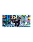 Mouse pad featuring Josuke and Okuyasu from JoJo’s Bizarre Adventure, 28x12 inches, racing through Morioh in a dynamic and colorful design.