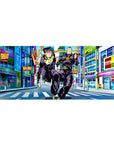 Desk pad featuring Josuke and Okuyasu from JoJo’s Bizarre Adventure, 36x16 inches, racing through Morioh with vivid colors and thrilling action.