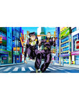 Desk pad featuring Josuke and Okuyasu from JoJo’s Bizarre Adventure, 40x20 inches, dashing through Morioh’s vibrant streets in an exciting scene full of energy.