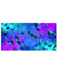 Mouse pad featuring vibrant hexagonal patterns, 32x16 inches, in blue, teal, and purple hues, creating depth and a glowing, dynamic design.
