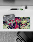 Compact 28x12 desk mat highlights the epic clash of Star Platinum and The World for immersive JoJo vibes