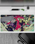 Bold 32x16 desk mat combines Jotaro and Dio's clash with sleek design for impactful and stylish visuals