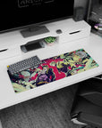 Small but impactful 32x12 desk mat showcases Jotaro vs Dio's dramatic battle with bold and dynamic artistry